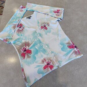 DISCREET Women's Floral Button-Down V-Neckline Cardigans w/Beading Accent Sz S/P